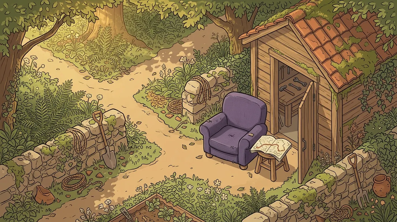The same armchair moved a short way along one path, beside an open workshop