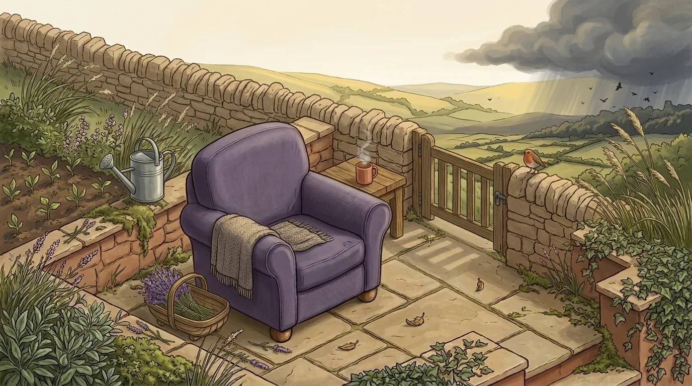 The same terrace the next morning, the gate pulled to, a blanket over the chair and a watering can beside young plants